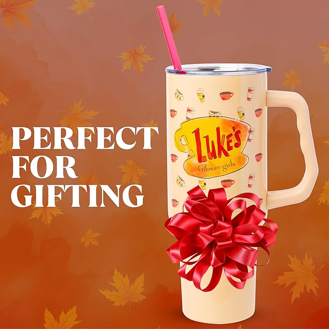 Silver Buffalo Gilmore Girls Luke's Diner Double Walled Stainless Steel Tumbler with Handle and Straw, Fits in Standard Cup Holder, 40 Ounces
