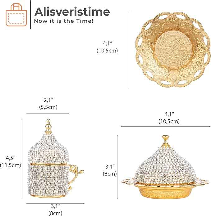 Alisveristime Crystal Embellished Turkish Coffee Set – 27 Pieces – Decorative Zamac Espresso Cups, Saucers and Sugar Bowl with Tray – Available in Three Color Variations (Gold)