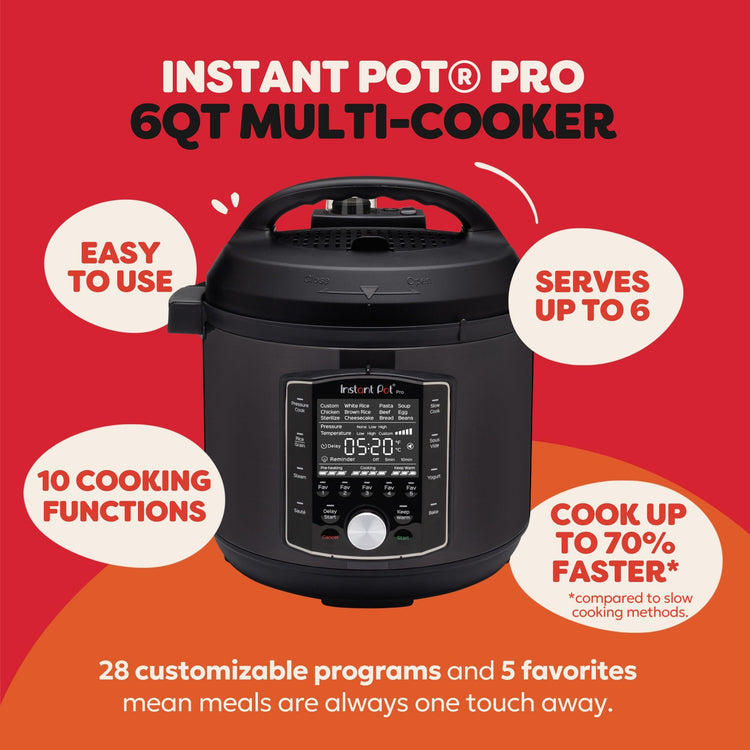 Pro 10-in-1 Pressure Cooker, Slow Cooker, Rice/Grain Cooker, Steamer, Sauté, Sous Vide, Yogurt Maker, Sterilizer, and Warmer, Includes App With Over 800 Recipes, Black, 6 Quart