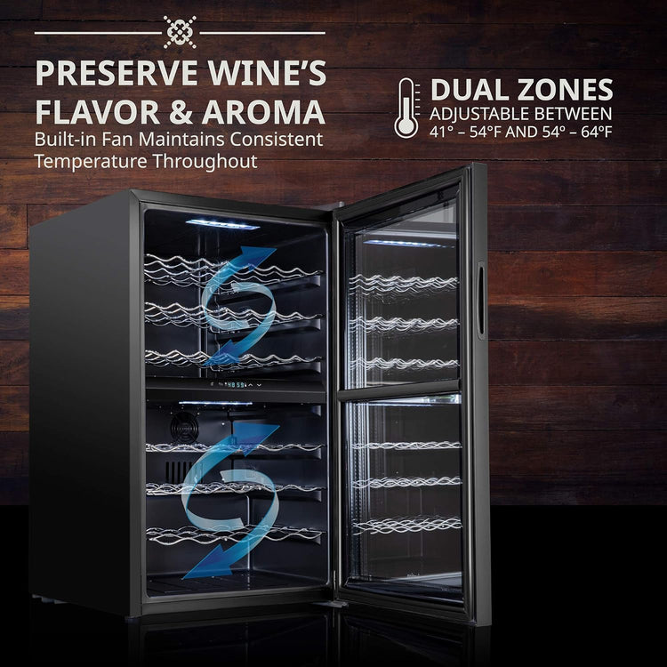 Ivation 43 Bottle Dual Zone Wine Cooler Refrigerator w/Lock | Large Freestanding Wine Cellar For Red, White, Champagne & Sparkling Wine | 41f-64f Digital Temperature Control Fridge Glass Door Black