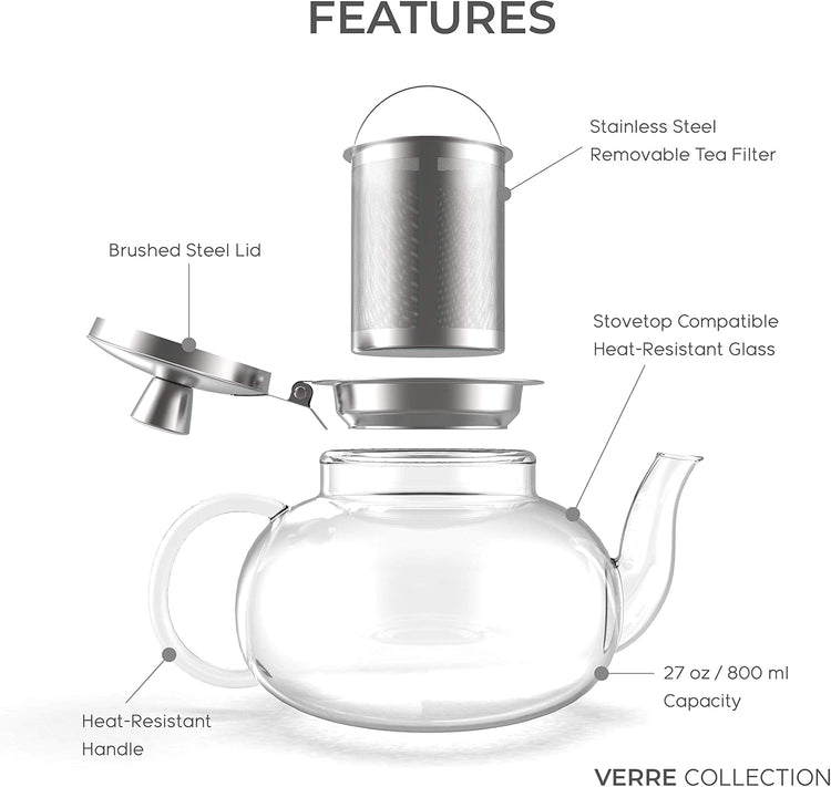 Glass Teapot Stovetop Compatible Kettle with Stainless Steel Removable Infuser, Loose Leaf Tea, Stovetop Safe Tea Pot and Strainer (27 Ounce)