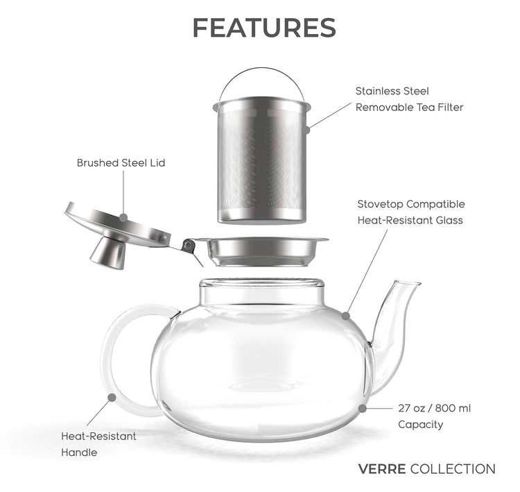 Glass Teapot Stovetop Compatible Kettle with Stainless Steel Removable Infuser