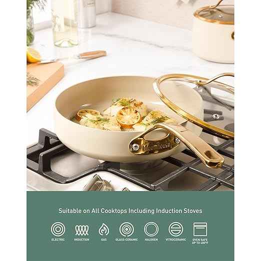 Bloomhouse - Two Time Oprah's Favorite Things Winner - 8 Piece Pots and Pans Heavy Duty Aluminum Premium PFA Free Ceramic Nonstick Cookware Set - Almond Cream w/Gold Handle