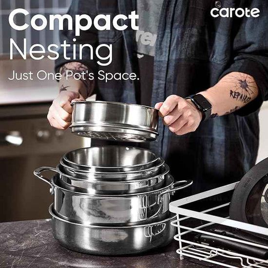 CAROTE 18pcs Stainless Steel Cookware Set with Detachable Handle, Nonstick Pots and Pans Set, Induction Kitchen Cookware Sets with Removable Handle, RV Cookware Set, Oven Safe, Camping Cookware, Black