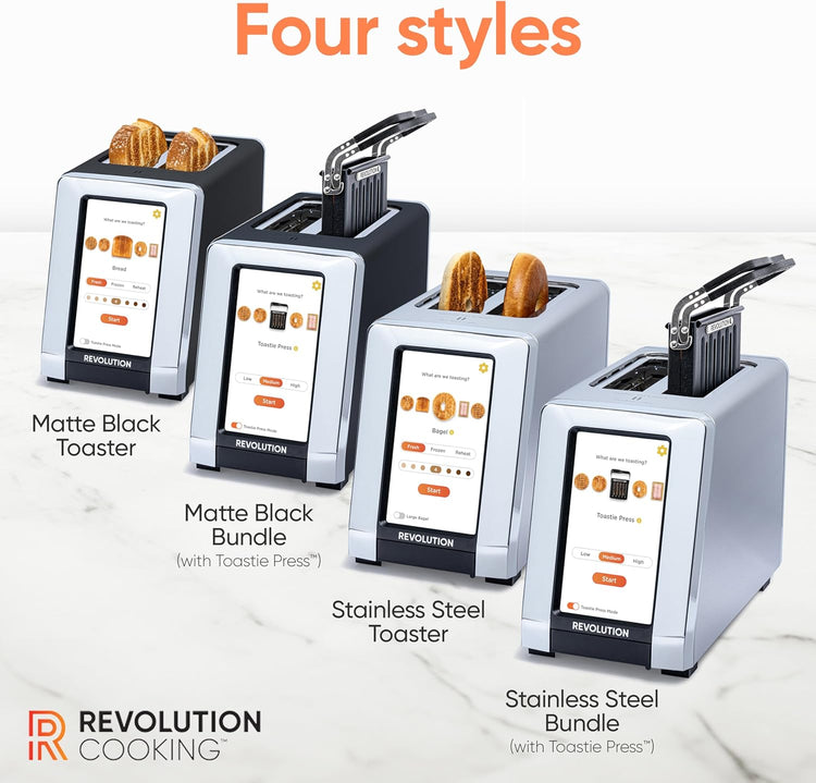 Revolution R180 Connect Smart Toaster Bundle with Toastie Press – Touchscreen, 2-Slice Wide Slot, InstaGLO Tech – Toast Bread, Bagels, Waffles, Muffins, Tortillas, Pastries – Black