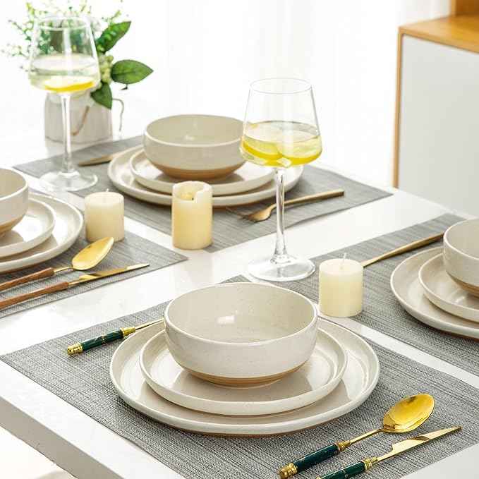 AmorArc Ceramic Dinnerware Sets for 8, 24 Pieces Handpainted Plates and Bowls Set with Rustic Terracotta Underside, Scratch Resistant Stoneware Dishes Set, Dishwasher & Microwave Safe, Light Beige