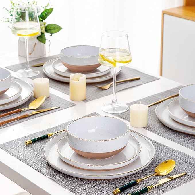 AmorArc Ceramic Dinnerware Sets for 4, 12 Pieces Handpainted Plates and Bowls Set with Rustic Terracotta Underside, Scratch Resistant Stoneware Dishes Set, Dishwasher & Microwave Safe, White