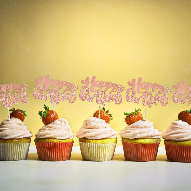 24Pcs Rose Gold Happy Birthday Cupcake Toppers for Baby Shower (24 Count)