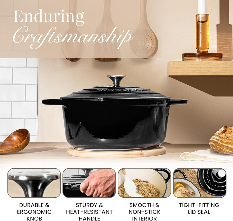 Nuovva Enamelled Cast Iron Dutch Oven Pot with Lid – 6.4 Quart Non Stick Casserole Pot – Heavy Duty & Oven Safe up to 500° F for Bread Baking, Braising, Stews, Roasting – 28cm Black - Nestoria