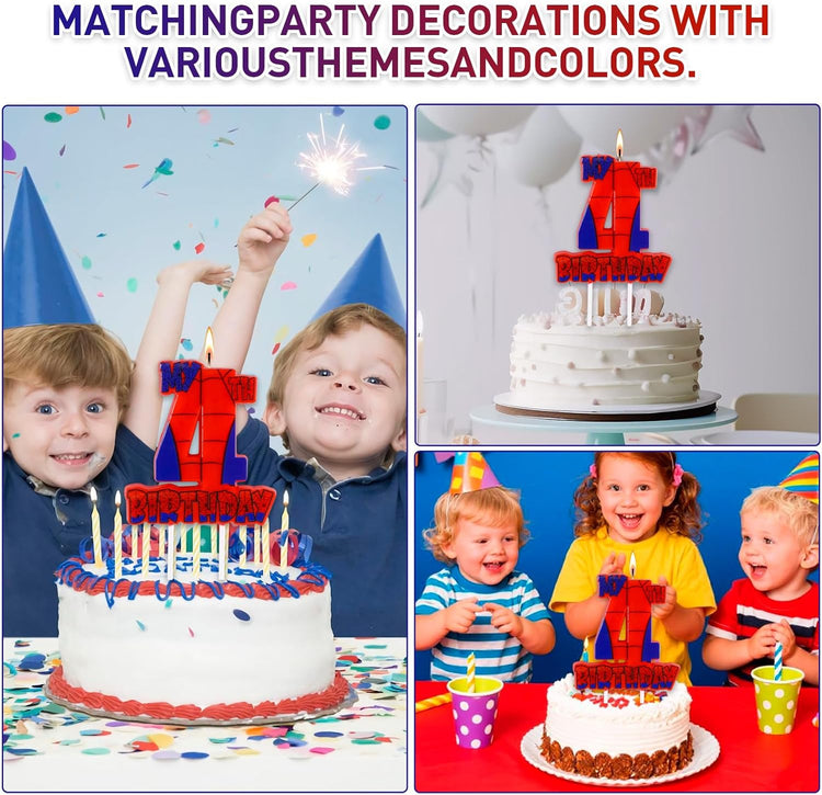 Spider Birthday Party Decorations, Number 4 Red Spider Web Happy Birthday Cake Candle for Boys Girls Spider Web 4th Birthday Party Supplies (Spider Web 4th Candle)