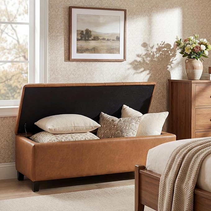 Christopher Knight Home Ottilie Faux Leather Storage Ottoman Bench, Wooden Rectangular Ottoman with Storage, Bedroom End of Bed Foot Stool, Entryway Ottoman Footrest, Living Room Extra Seat, Brown