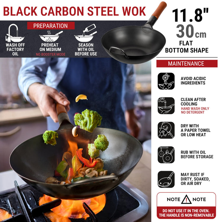 11.8" Pre Seasoned Flat Bottom Black Carbon Steel Wok for Stir Fry