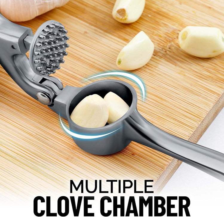 Zulay Kitchen Premium Garlic Press Set - Rust Proof & Dishwasher Safe Professional Garlic Mincer Tool - Easy-Squeeze, Easy-Clean with Soft, Ergonomic Handle - Silicone Garlic Peeler & Brush (Slate)