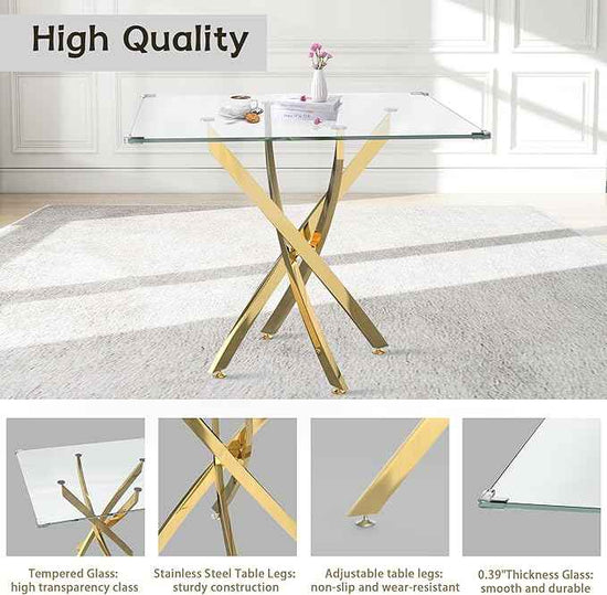 AF ARTISAN FURNITURE 36" Square Glass Dining Table Set for 4, 5-Piece Modern Kitchen Table with 4 Black Velvet Chairs, Modern Circle Leisure Table for Home Office Dining Room Small Spaces (Gold Leg)