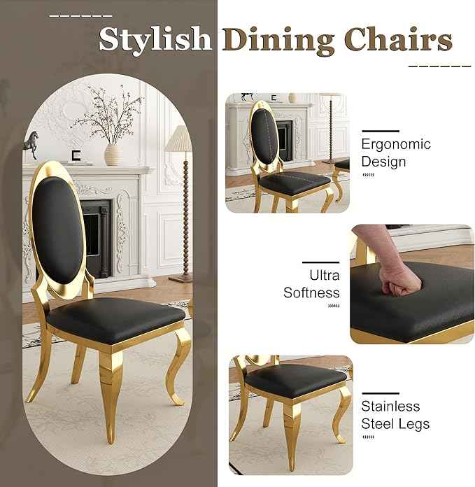Modern Dining Chairs Set of 6, Luxury Faux Leather Upholstered Armless Dining Room Chair with Mirrored Stainless Steel Gold Legs, Mid Century Accent for Wedding Party Banquet Reception, White