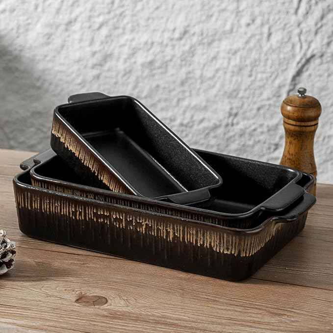 KOOV Bakeware Set, Ceramic Baking Dish, Rectangular Baking Pans Set, Casserole Dish for Cooking, Cake Dinner, Kitchen 9 x 13 Inches, 3-Piece, Stripe Series (Rough Black)