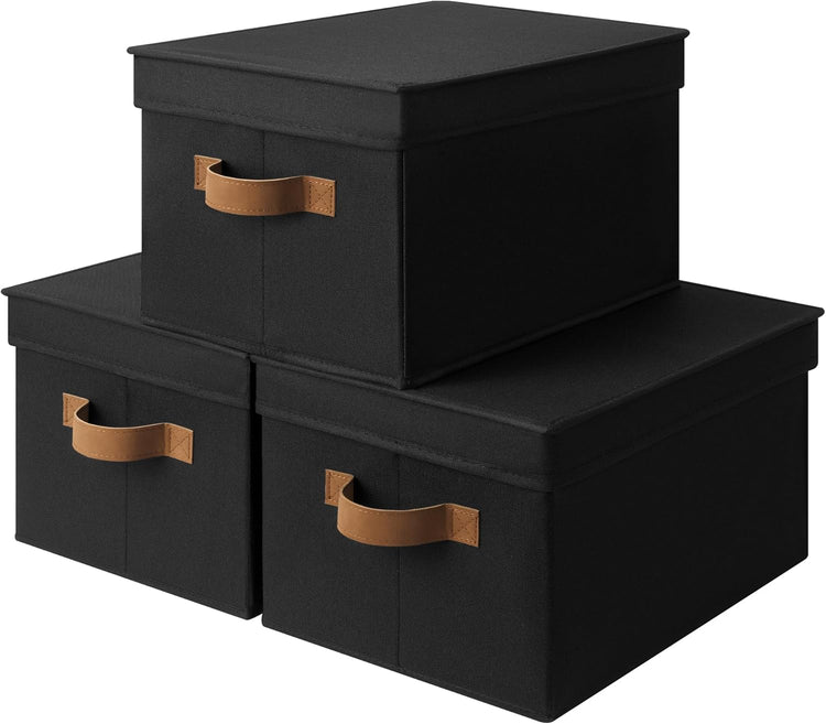 StorageWorks Large Storage Bins with Lids, Decorative Storage Boxes with Lid and PU Handles, Foldable Storage Baskets for Closet, Shelves, Stackable, Black, 3-Pack
