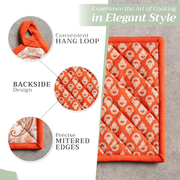 Maison d' Hermine Pot Holders Set 100% Cotton Heat Resistant Potholders 8" x 8" Hot Pads with Loop BBQ, Cooking, Baking, Grilling, Kitchen, Handling Hot Pans (Pack of 2, Cachemire)