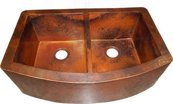 Rounded Apron Front Farmhouse Kitchen Double Bowl Mexican Copper Sink 50/50