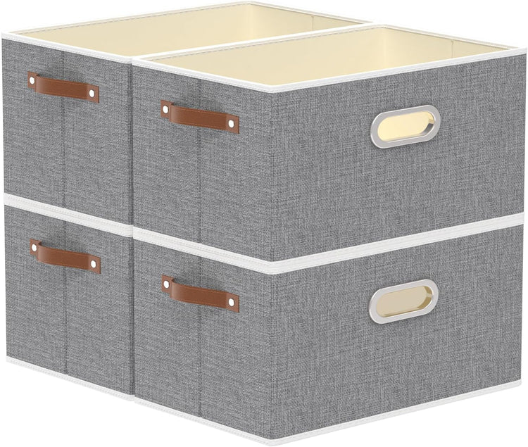Yawinhe Foldable Storage Baskets for Shelves, Fabric Closet Organizers, Bins with 3 Handles, Cubes for Clothes, Grey, 15''Lx9.8''Wx8.3''H, 4-Pack