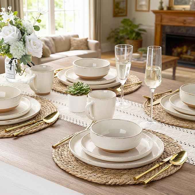 AmorArc Dinnerware Sets with Pasta Bowls for 4, Handpainted Stoneware Plates and Bowls Set with Rustic Terracotta Underside, Scratch Resistant Dishes Set, Dishwasher & Microwave Safe, 16 Pcs