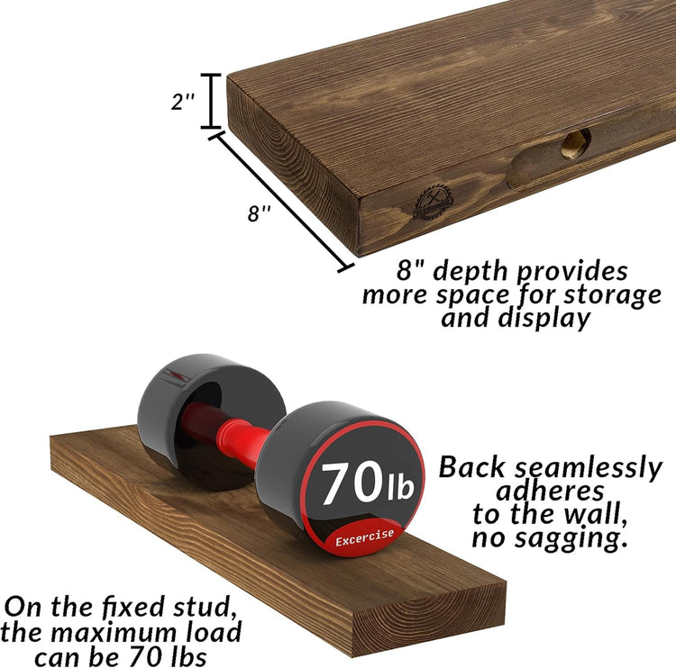Rustic Floating Shelves 60 inch Long 8 "deep Set of 1, Heavy Duty Wood Wall Mounted Shelves for Bathroom Living Room Kitchen,Book Shelves with Thickened Hidden Bracket- Walnut