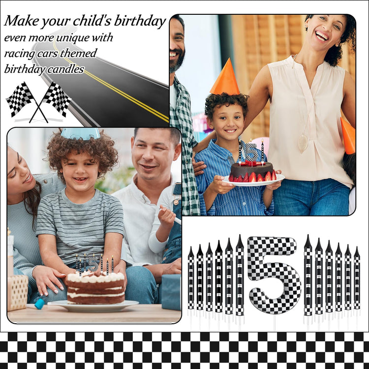 13 Pcs Racing Cars Themed Birthday Candles Black and White Race Number 5 Checkered Candle Cake Topper for Racing Car Party Decoration Supplies (13 Count)