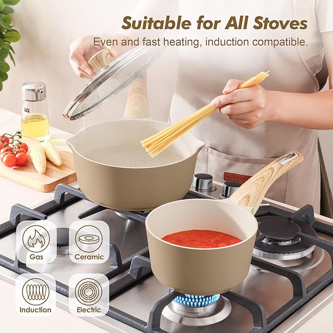 SENSARTE 2.0 & 3.0 Quart Ceramic Sauce Pan Sets with Lid, Cooking Pots Set, Nonstick Saucepan Set with Pour Spout, Small Kitchen Pot, Non toxic Saucepot, Induction Comptable, PFOA PTFE PFAS PFOA Free