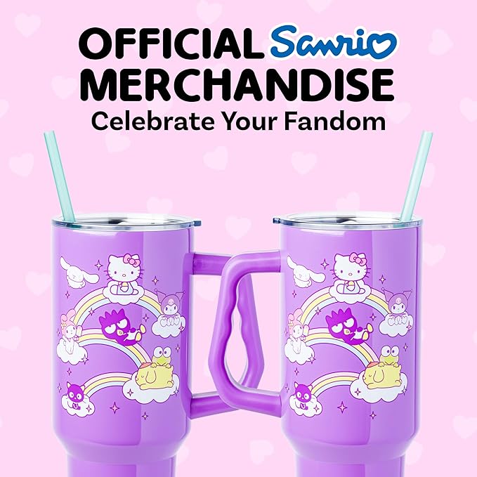 Silver Buffalo Sanrio Hello Kitty and Friends Featuring My Melody, Cinnamoroll, Kuromi, Chococat, Badtz-Maru, Keroppi, and Pompompurin Double Walled Stainless Steel Tumbler with Handle, 40 Ounces