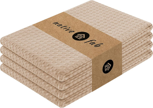 Native Fab Cotton Kitchen Towel with Hanging Loop 16x26 inches, 4-Pack, Waffle Weave Kitchen Towels for Cleaning Drying, Washcloths Soft & Absorbent Cloth Rags, Bar Towel, Dish Cloth, Beige - Nestoria