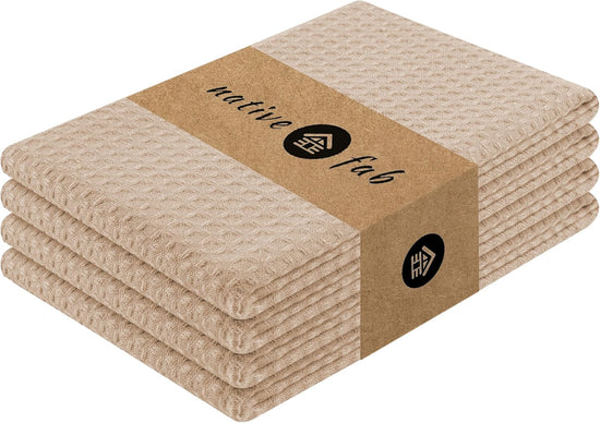 Native Fab Cotton Kitchen Towel with Hanging Loop 16x26 inches, 4-Pack, Waffle Weave Kitchen Towels for Cleaning Drying, Washcloths Soft & Absorbent Cloth Rags, Bar Towel, Dish Cloth, Beige - Nestoria