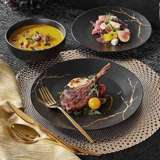 KINGSTONE Porcelain Dinnerware Sets for 8 | 24 Piece Plates and Bowls Sets Kitchen Dishes Scratch Resistant Matte Black Gold Vein Dinner Salad Plate Dishware for Party Daily Wedding