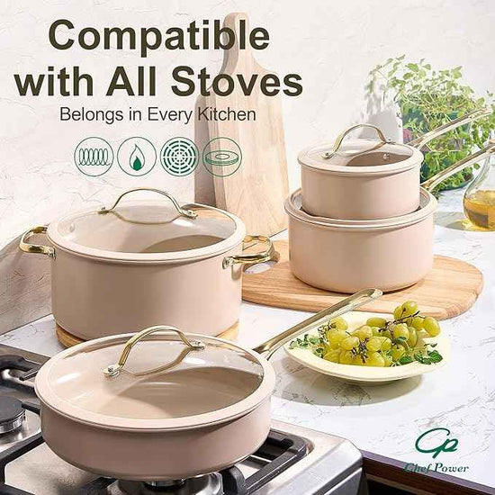 Chef Power Ceramic Cookware Sets, 15Pcs Pots and Pans Set Non Stick, Cookware Set with Stainless Steel Handle, Dishwasher & Oven Safe, Taupe and Light Gold Handle