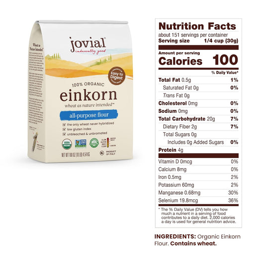 Jovial Organic Einkorn Unbleached All Purpose Flour - For Sourdough Bread Baking, High Protein, Non-GMO, Organic Pizza & Pasta Flour, European Italian, Glyphosate Free - 10 Lb, 2 Pack - Nestoria