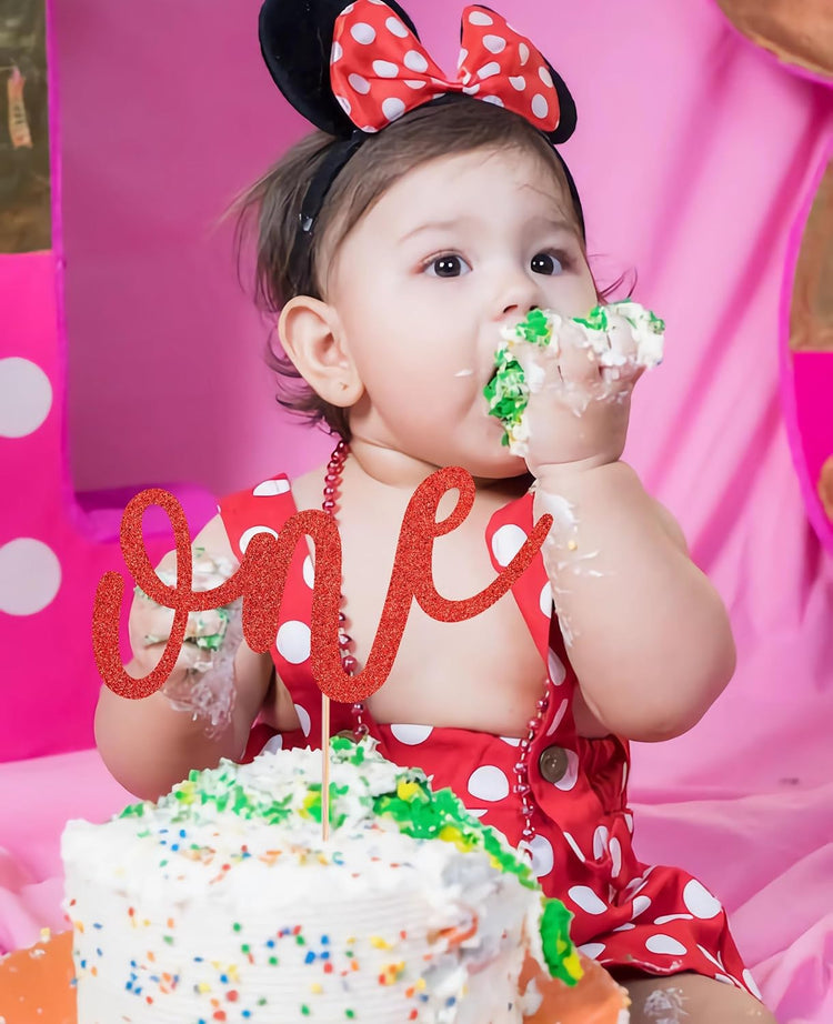 First Birthday Cake Topper - Red Glitter One Cake Decorating Supplies for Girls and Boys, Perfect for Baby Shower/Gender Revealing Party/Baby Party Photo Booth Props