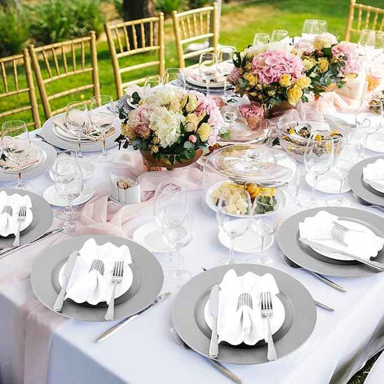 Tanlade 12 Pcs 13 Inch Charger Plates Bulk Round Wedding Chargers Plastic Dinner Plates for Table Setting Wedding Party Decoration (Silver White)