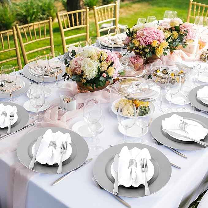 Tanlade 12 Pcs 13 Inch Charger Plates Bulk Round Wedding Chargers Plastic Dinner Plates for Table Setting Wedding Party Decoration (Silver White)