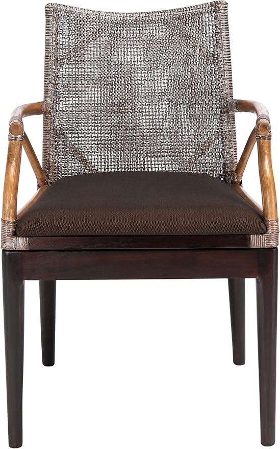 SAFAVIEH Home Collection - Gianni Brown & Dark Brown Solid Wood Rattan Arm Chair, Tropical Coastal Accent Seating for Living Room or Dining Space (SEA4011C)