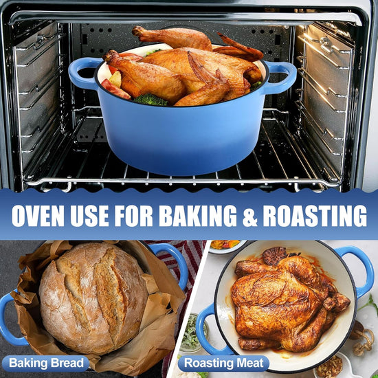 P&P CHEF 7QT Enameled Dutch Oven, Cast Iron Dutch Oven Pot with Lid for Bread Baking, Enameled Casserole Pot for Roasting Braising Stewing Frying Simmering, Various Stoves & Easy Clean, Blue - Nestoria