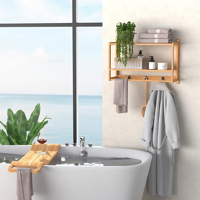 ClosetMaid Bamboo Wall Shelf with Towel Bar, 3 Hooks, Wall Mount Storage Shelves, 2 Tier, Organizer Rack, Natural Finish