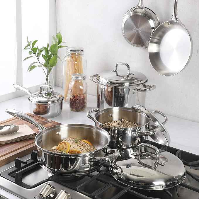 Oster Platinum Sedwick Stackable Stainless Steel Pots and Pans Cookware Set W/Domed Stainless Steel Lids W/TriPly Encapsulated Base - Induction Safe