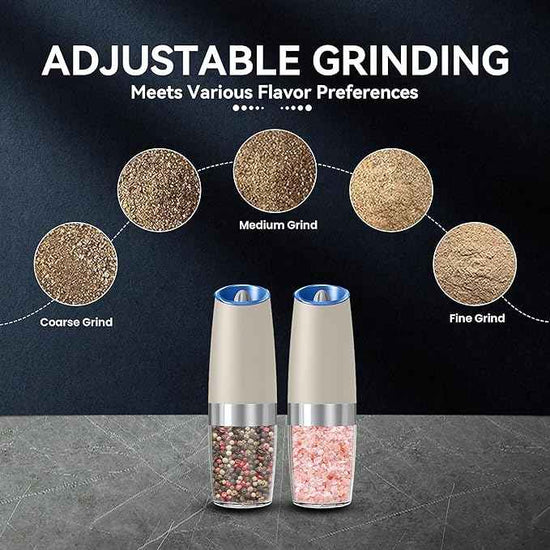 Gravity Electric Salt and Pepper Grinder set of 2, Automatic Salt And Pepper Grinder Set, Adjustable Roughness, Battery Powered, LED Light, 2 Pack, (Khaki)