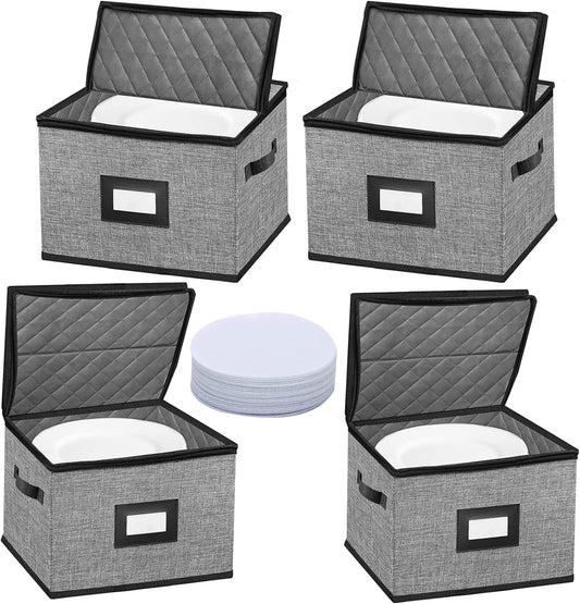 China Storage Containers-4PACK Quilted Dish Storage Containers with Lid Hard Shell for Moving Transport, Dinnerware,Stackable Plate Storage,24 Felt Plate Dividers Included,12 * 12 * 8in
