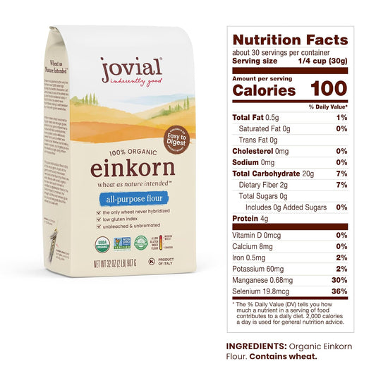 Jovial Organic Einkorn Unbleached All Purpose Flour - Bread Baking Flour for Sourdough, High Protein, Non-GMO, Organic Pizza & Pasta, European Italian, Glyphosate Free - 32 Oz - Nestoria