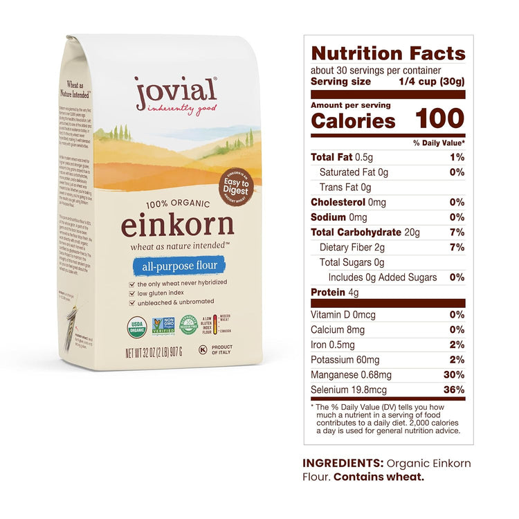 Jovial Organic Einkorn Unbleached All Purpose Flour - Bread Baking Flour for Sourdough, High Protein, Non-GMO, Organic Pizza & Pasta, European Italian, Glyphosate Free - 32 Oz, 3 Pack - Nestoria