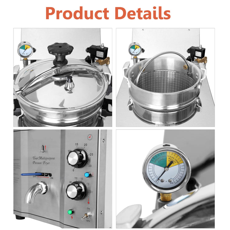 16L Commercial Electric Pressure Fryer Stainless Steel Countertop Pressure Fryer Electric Fried Chicken Stove Professional Tabletop Restaurant Kitchen Frying Machine 110V 2.4KW