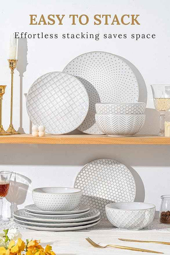 24-Piece Ceramic Dinnerware Set,Large Plates and Bowls Set for 6,Elegant Dish Set for Families & Entertaining–Microwave & Dishwasher Safe Tableware (Double Bowl)