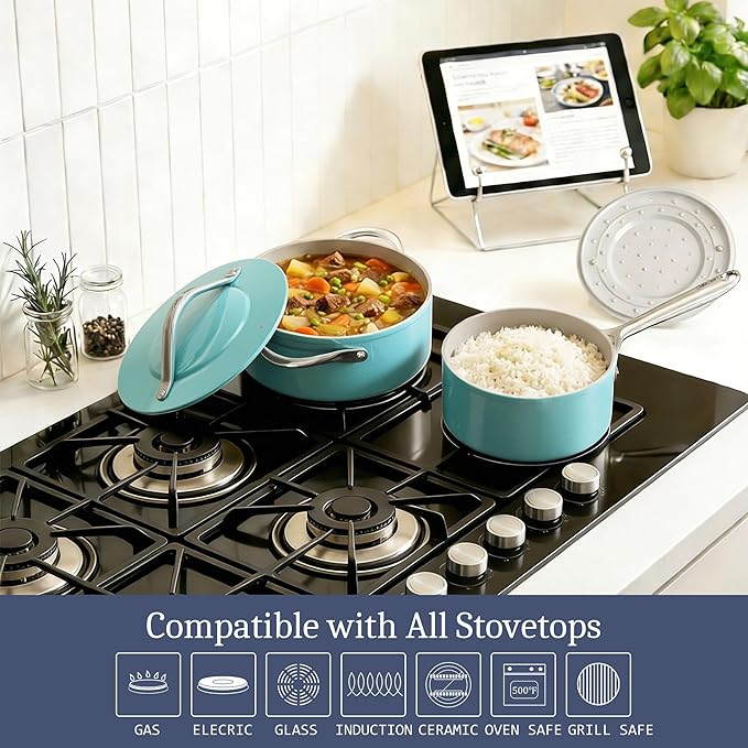 CookinCraze Ceramic Cookware Set, Pots and Pans Set Nonstick with Lid PFAS & PFOA Free, Induction Compatible Oven Safe Up to 500°F Even Heat Distribution, Turquoise