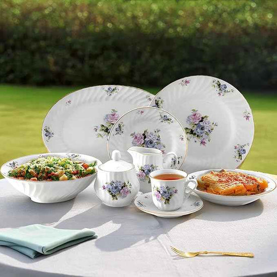 Lynns Paradise 45-Piece Serafina Dinnerware Set, 24K Gold Trim Embossed Swirl Floral Plates & Bowls Apartment Essentials Home Kitchen Dinner Accessories