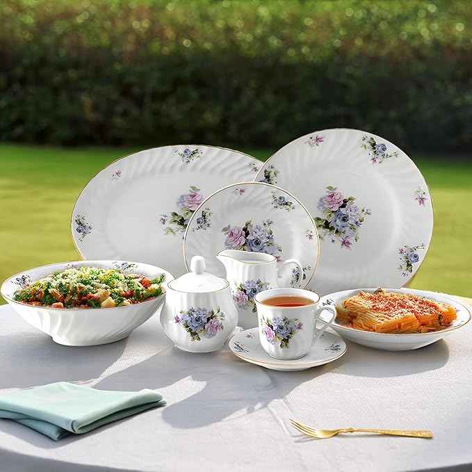 Lynns Paradise 45-Piece Serafina Dinnerware Set, 24K Gold Trim Embossed Swirl Floral Plates & Bowls Apartment Essentials Home Kitchen Dinner Accessories